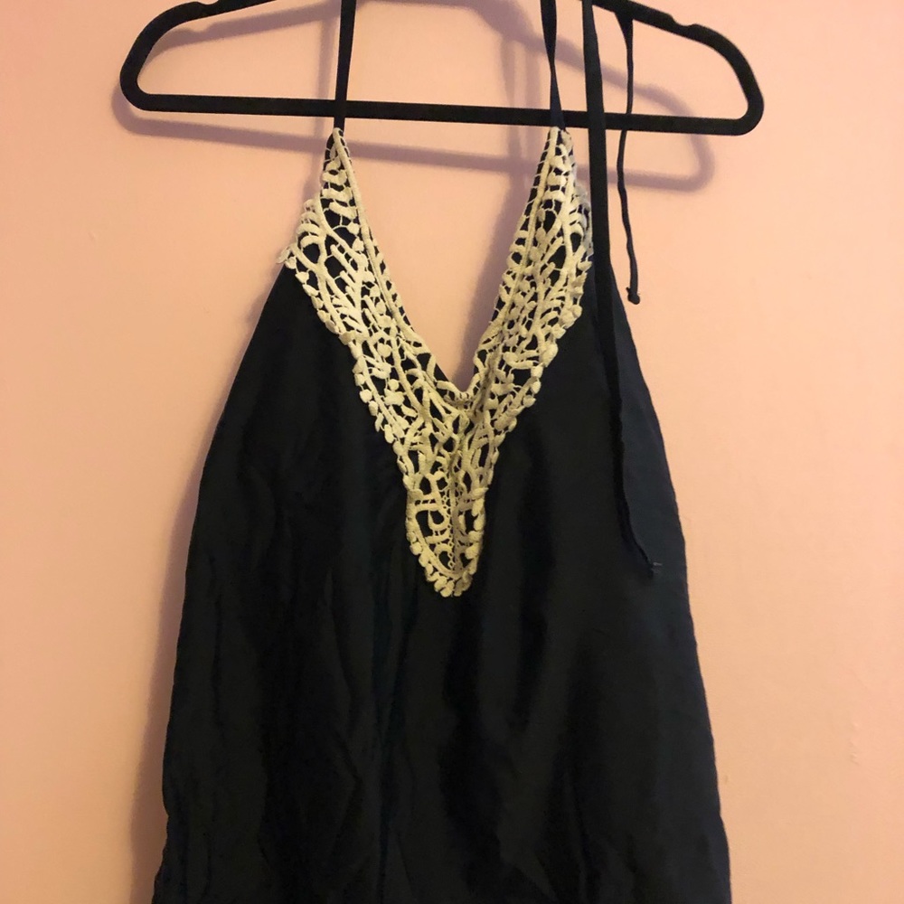 Halter bathing suit top with crochet detail